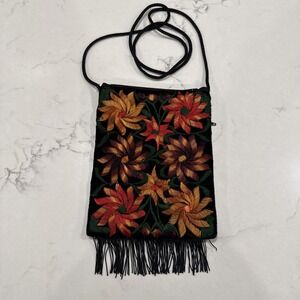 Artisan Handmade Floral Embroidered Velvet Crossbody Boho Festival Fringe Bag